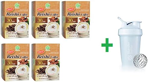 Longreen Corporation, 2 in 1 Reishi Coffee, Reishi Mushroom & Columbian Coffee, 30 Bags, 2.3 oz (65.4 g) Each, (5 PACK), Shaker Bottle Assorted Colors 20 oz