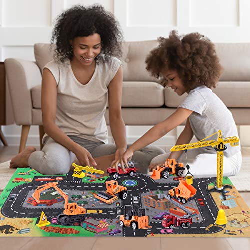 HONYAT Engineering Construction Vehicles Toys Set with Play Mat and Car Storage Box ,10 Alloy Cars Include Fire Trucks -with Accessories and Tower Crane ,Gift for Boys and Girls Ages 3-12.