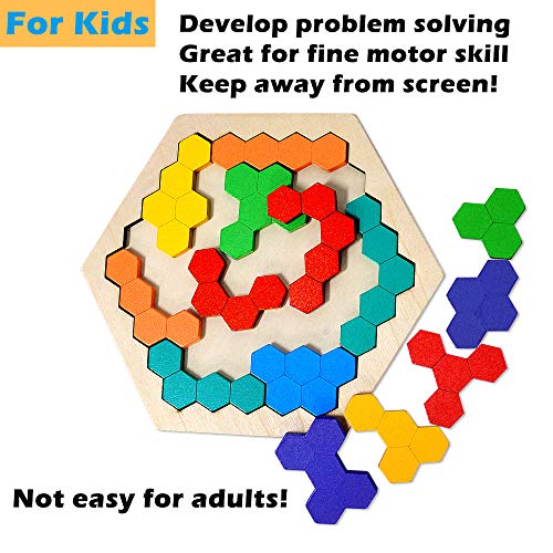 Wooden Puzzles Brain Teasers Toy for Kids Adults, 16 Pcs Colorful Hexagon Fun Geometry Logic Tangrams Puzzle Table IQ Game Montessori Educational Toys for Children (Color May Vary) - Thumbnail 3