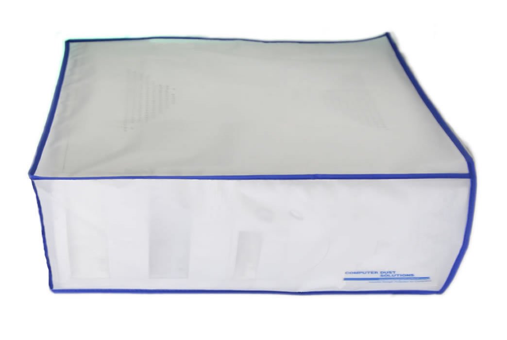 Computer Dust Solutions Printer Dust Cover, Covers Inkjet or Laser Printers, Silky Smooth Antistatic Vinyl, Translucent Coconut Cream Color with Blue Trim, Several, (17W x4H x14D)