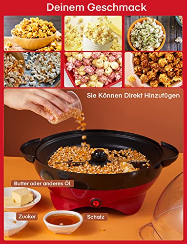 FOHERE Popcorn Machine, 5.5 L Popcorn Maker for Home, Popcorn Machine with Sugar, Butter, Non-Stick Coating and Removable Heating Surface, Quiet and Quick, Large Lid as Serving Bowl (RED)