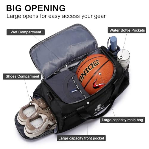 Marengo Durable Gym Bag with Wet Shoes Compartment Lightweight Travel Bags for Men Women Waterproof Duffle Bag for Carryon Overnight Weekend Getaway Sports Yoga Mommy Maternity Hospital Black