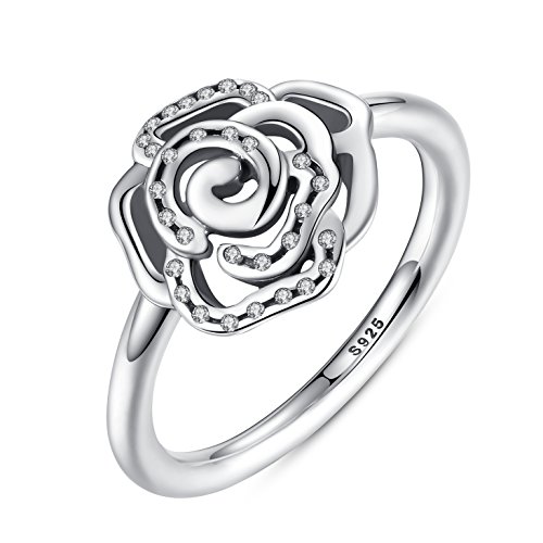 Delicate Rose Flower Ring with Clear CZ Ring Original 100% 925 Sterling Silver Jewelry Engagement Ring 6-8 (6)