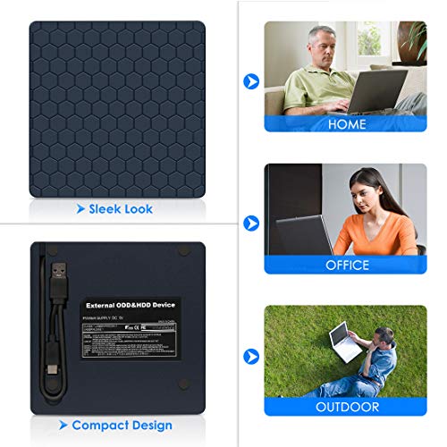 Kingbox External DVD Drive, USB 3.0 Type-C Portable CD/DVD /-RW Optical Drive Slim DVD/CD ROM Burner Writer High Speed Data Transfer Compatible with Laptop Desktop PC Windows Linux Apple Mac OS (Blue)