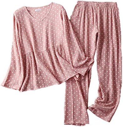 Amazon 綿100 柔らかい2重ガーゼ レディース ルームウェア 水玉柄 パジャマセット肌触りが良い 上下長袖 可愛い 部屋着 パジャマ ルームウェアセット 通販