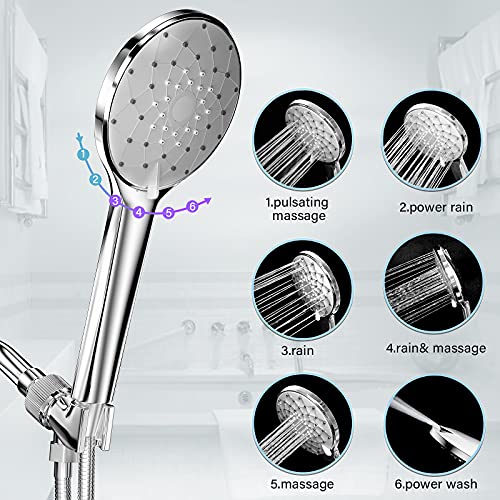 High Pressure Handheld Shower Head - 6 Spray Settings Hand Held Shower with 59\'\' Stainless Steel Hose, Adjustable Overhead Bracket and Wall Bracket, Built-In Power Wash Function