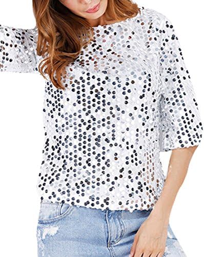 Womens Shimmer Glam Glitter Sequin Embellished Sparkle Tank Top Shirt (XL, white)