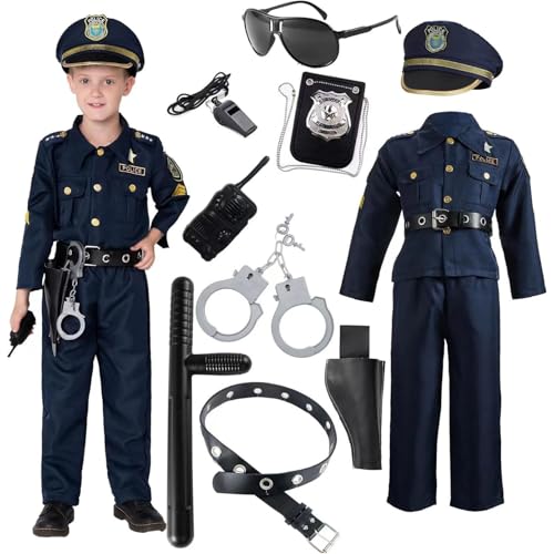 AM ANNA 11PCS Police Costume for Kids, Police Officer Costume for Kids,Kid Cop Costume Role Kit,Kid Police Officer Costume Set with Accessories, Halloween Role Play Uniform