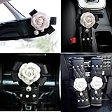 Follicomfy Cute Camellia Flower Leather Car Handbrake Cover Gears Shift Case Crystal Seatbelt Cover Auto 5PCS/Set Interior Accessories,White Flower