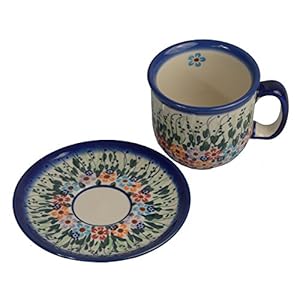 Traditional Polish Pottery, Handcrafted Ceramic Coffee Cup and Saucer 275ml, Boleslawiec Style Pattern, F.201.Daisy