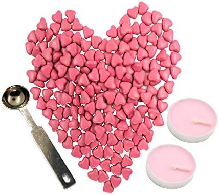 Pink Sealing Wax Beads Houseer 100 Pieces HEART Wax Seal Beads Kit with a Wax Melting Spoon and 2 Pieces Candles for Wax Seal Stamp (Pink)