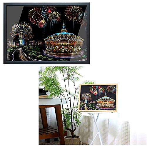 Ageqi Scratch Art Paper Rainbow Painting Sketch Pad for Adult and Kids, DIY Night View Scratchboard - 16'' x 11.2'' with 3 Tools (Amusement Park) - Thumbnail 2