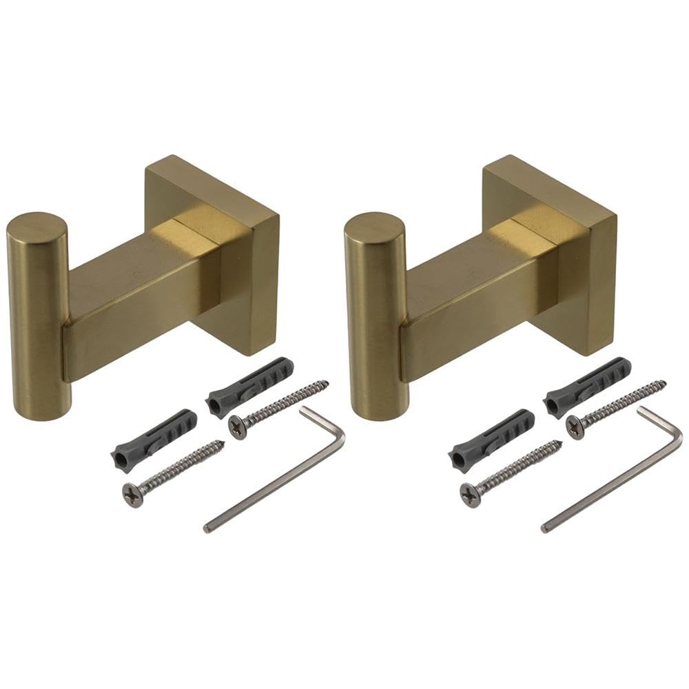 Upluckey 2 Pack Brushed Gold Towel Hooks Wall Mounted 304 Stainless Steel Coat Hook Heavy Duty Square Robe Hanger for Bathroom