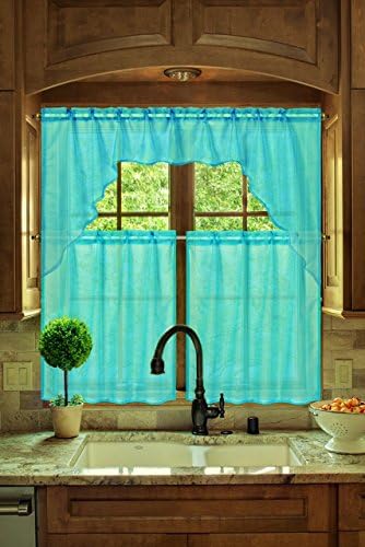 Midwest Kitchen Window Curtain Set 3pc Light Filter in Solid Colors (K66 AQUA)