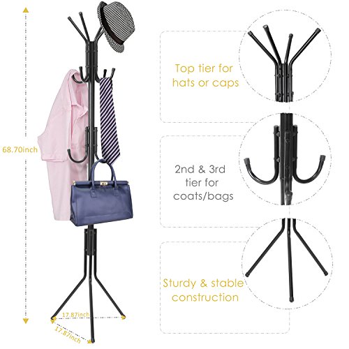 MaidMAX Standing Coat Rack for Entryway and Hallway, 68.7 Inches High, 11 Hooks, Metal, Black