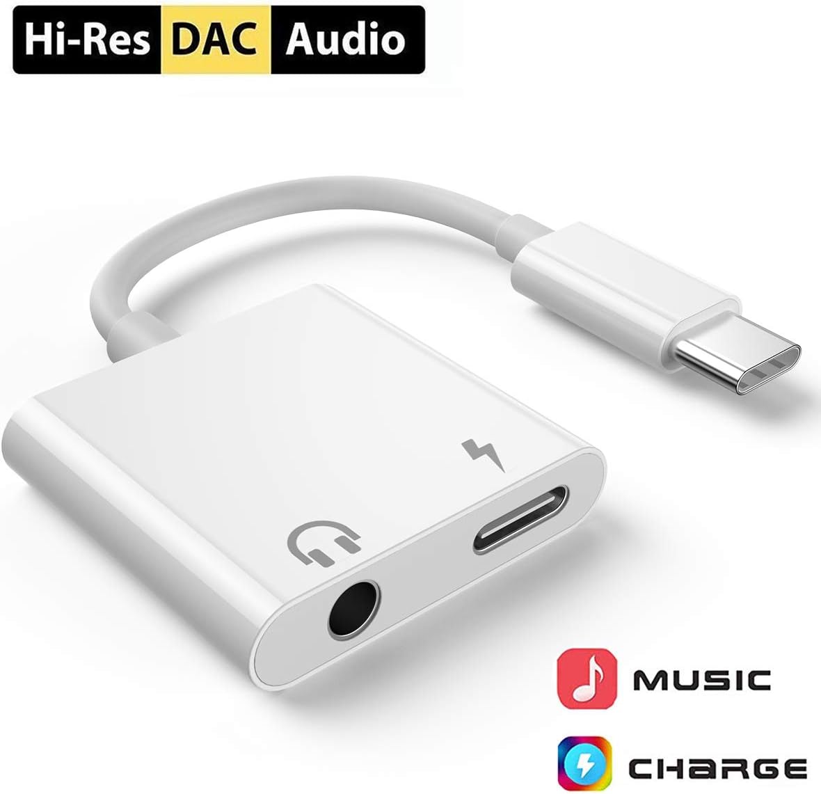 USB C Headphone Jack Adapter Dual USB C Audio Charge Adapter Aux Splitter with DAC Chipset and PD Fast Charger for iPad Pro,Huawei P30/P20/P20 Pro,Samsung,Google Pixel-White