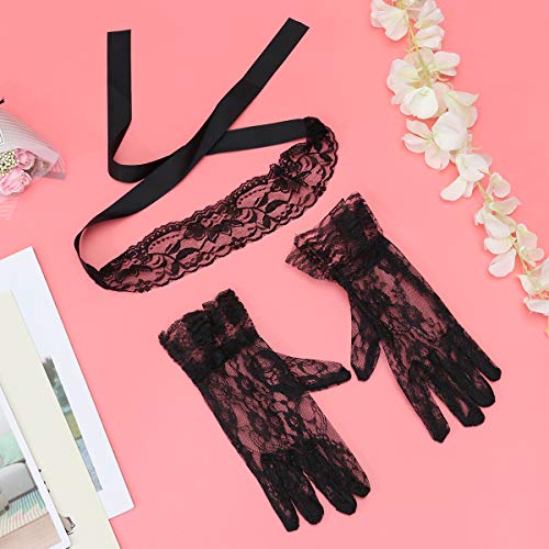 LUOEM 3pcs Lace Eye Mask Blindfold and Black Lace Gloves Fancy Role Play Costume Nightclub Mask for Women Cosplay Party Accessories