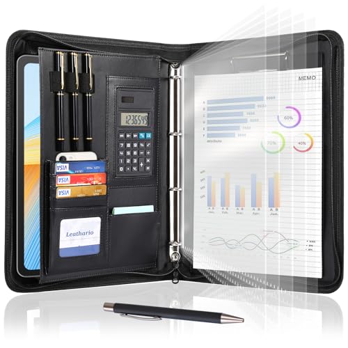 Leathario A4 Conference Folder, Writing Case with Ring Binder, Zip, Ring Binder Portfolio, Document Folder, Writing Pad, Black