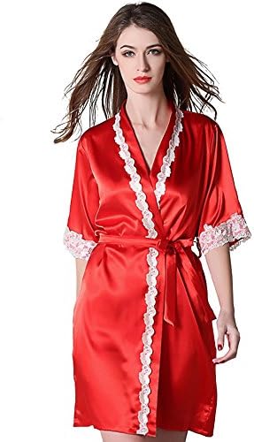 VlSl Women's Pure Color Kimono Robes Satin Nightwear Bridesmaids Short Style(Large, Red)