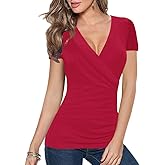 Afibi Women's Deep V Neck Short Sleeve Unique Slim Fit Cross Wrap Shirts Blouse Tops