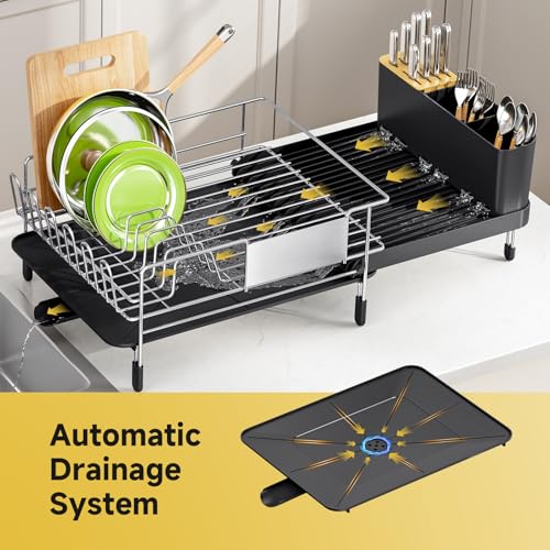 Urackify Large Dish Drying Rack, Expandable Dish Rack with Drain Board, Dish Drainer for Kitchen Couter, Dish Dryer Rack with Cups and Cutlery Holders, Stainless Steel Silver