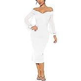 kaimimei Women Deep V Neck Bodycon Midi Dress Puff Long Sleeve Slit Party Cocktai Formal Dresses White L