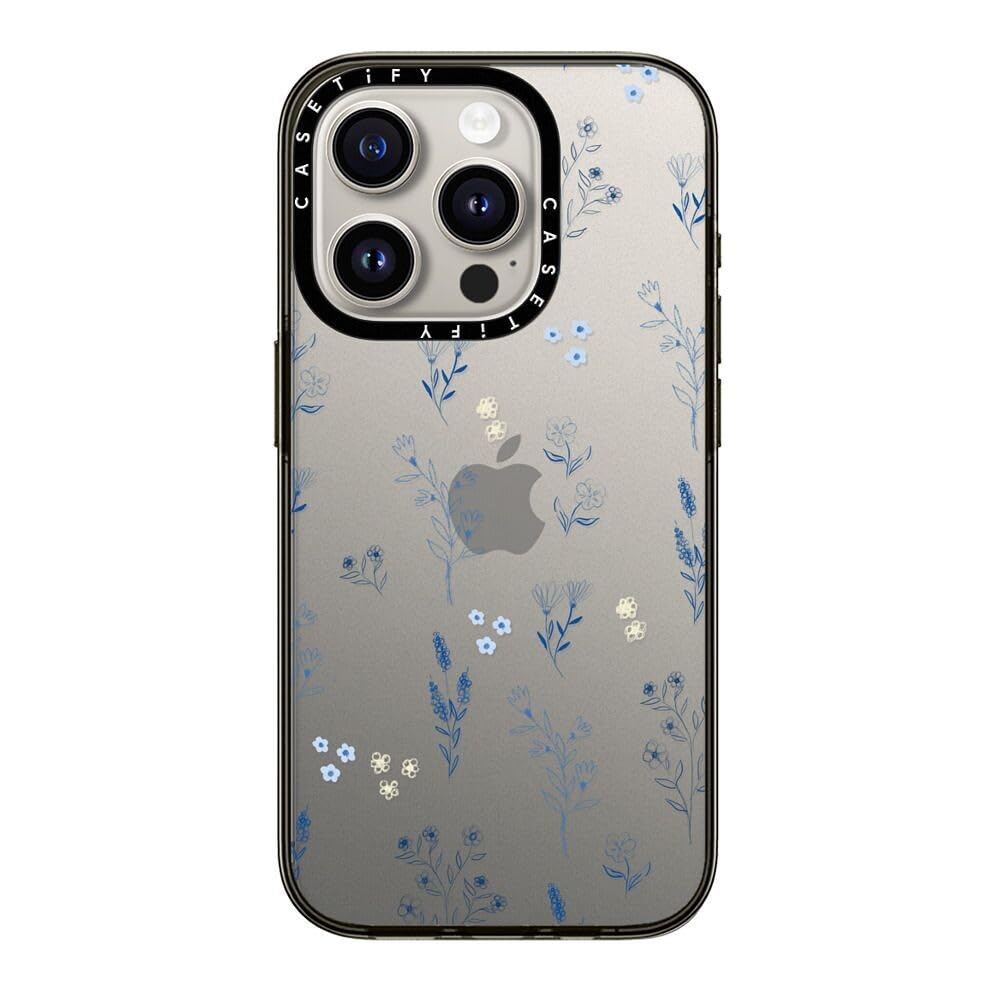 CASETiFY Compact iPhone 15 Pro Case [4 ft. 2X Military Grade Drop Protection/Slim/Lightweight] - Small Blue Flowers - Clear Black