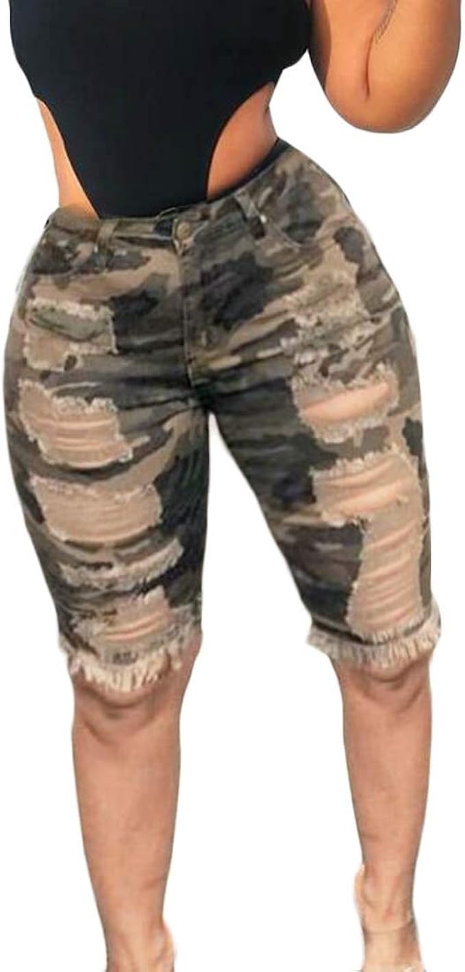 distressed camo shorts