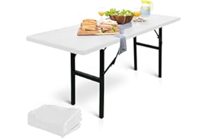 LINPRO 5Pk Plastic Table Cloths Disposable for Parties 8ft Picnic Table Covers with Elastic Fitted Camping Tablecloth Elastic Table Cover Rectangle White Tablecloth Waterproof Outdoor & folding tables