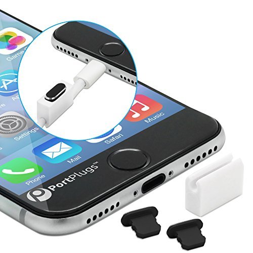 PortPlugs Anti Dust Plugs (2 Pack) Aluminum, Compatible with iPhone 12, 11, X, XS, XR, 8, 7, Plus, Max, Pro, Includes Plug Holder and Cleaning Brush (Black)