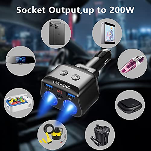 200W Cigarette Lighter Splitter Car, Dual QC3.0 &TypeC 20W PD Fast USB