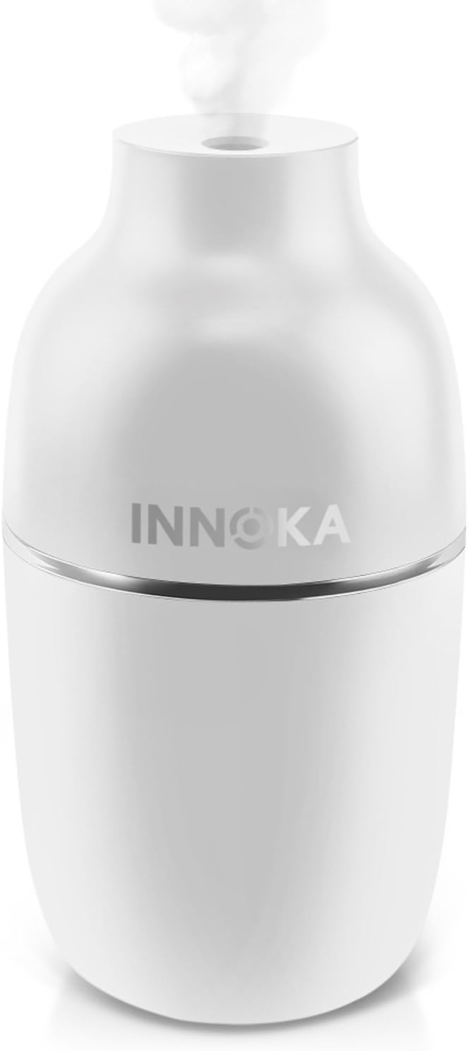 INNOKA Ultrasonic Portable USB Cool Mist Mini Air Humidifier [Dual Mist Mode & Auto Shut-Off] w/ LED Light Indicator for Home/Bedroom/Office/Travel/Hotel/Car, 180ml, White