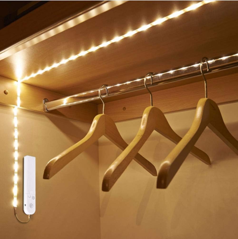 3m 9.8ft LED Strip Tape DC 5V PIR Motion Sensor LED Cabinet Light Under Bed lamp for Closet Wardrobe Stairs Hallway Battery Power (Warm White, 9.8ft)