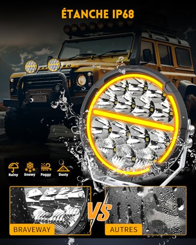 Braveway LED Work Light 6.5 Inch 2PCS 120W with White and Amber DRL, Spot Reflective Hybrid 20000LM Long Range Led for 4x4 Trucks, Utvs, ATVs, Vans, Tractors, Wiring Harness Kit