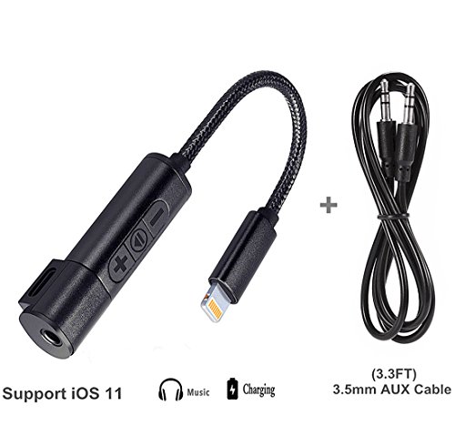TELE-T 2 in 1 AUX Headphone Jack and Charge Adapter Lightning Audio Splitter 3.3FT 3.5mm Cable Compatible iOS 11 for iPhone 7 7Plus with Volume+/-Control, Does Not Support Calls - Black