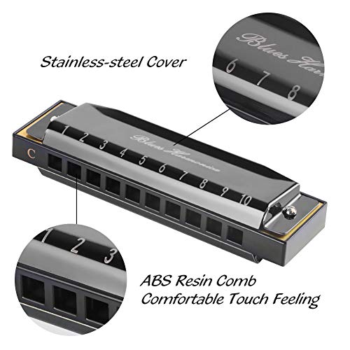Blues Harmonica with Black Case, 10 Holes, 20 Tones, Key of C Blues Harmonica Stainless Steel (Black), Suitable for Beginners and Professionals Players, Best Gift for Kids, Students, Friends harmonica - Thumbnail 4