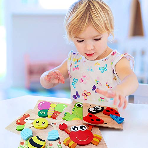 AKAMINO Wooden Animal Jigsaw Puzzles for Toddlers Kids 1 2 3 Years Old, Boys & Girls Educational Toys Gift with 6 Animals Patterns, Vibrant Color Shapes
