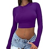 Dwnval Women's Long Sleeve Crop Tops Y2K Crewneck Cute Sexy Slim fit Cropped T Shirts