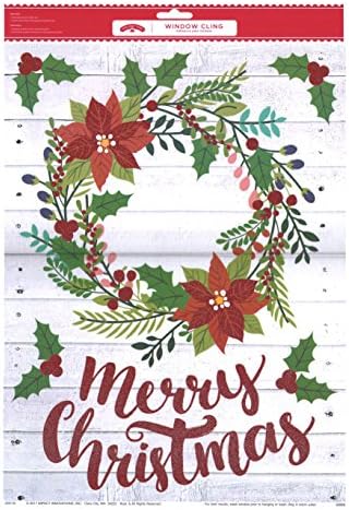 Merry Christmas Wreath, Red and Green Window Clings with Glitter Accents