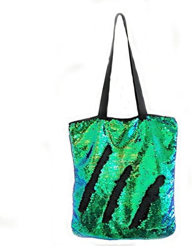 Fanrich Woman Fashion Two Color Reversible Sequin Tote Bag Handbag Glitter Paillette Shoulder Bag for Girl (Blue Green-Black)