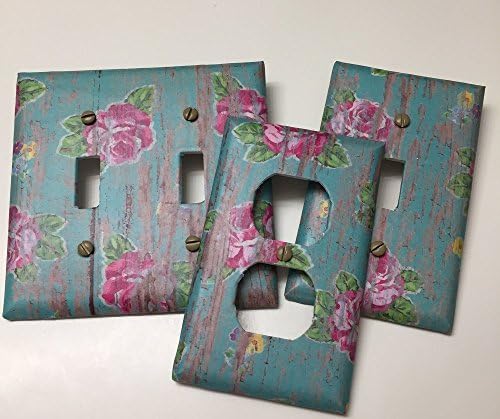 "Pink Roses on Distressed Turquoise Wood", Light switch covers,light switch plate,outlet covers,outlet plates,home decor, wall art