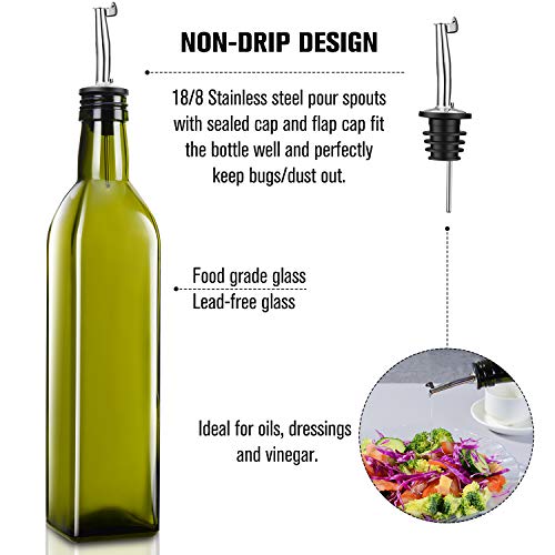 PrettyCare Olive Oil and Vinegar Dispenser Bottles 17oz (Dark Cruet with Extra Lids, Labels and Funnel) 500ml Drip-Free Bottle with Stainless Steel Spout, Flip Top Pourer Set (Dark Green)