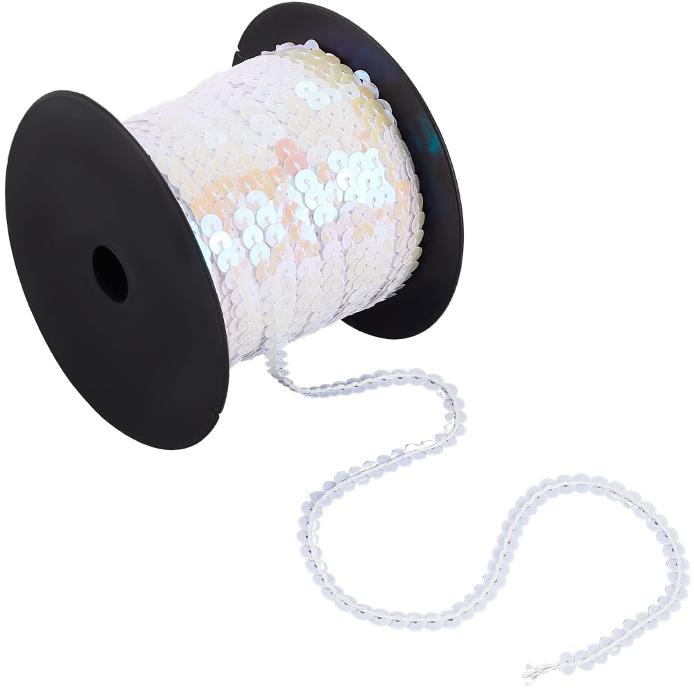 SOFPLATE 100 Yards White Sequin Trim 6mm Flat Sequin Strip Paillette String Metallic Glitter Sequins String Holographic Shiny Sequins for Crafts Sewing Dress Costume Headband Fringe Embellishments