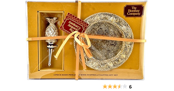 Amazon Com The Bombay Company 2 Piece Resin Pineapple Wine Stopper Coaster Gift Set Silver Gold Kitchen Dining