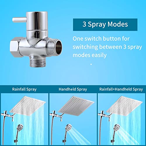 High Pressure Shower Heads Combo, 10\'\' Stainless Steel Anti Clog Shower Head and 10-Modes Chrome Finish Handheld Spray with Adhesive Holder & 60\'\' Hose, Adjustable Extension Arm & 3-Way Water Diverter