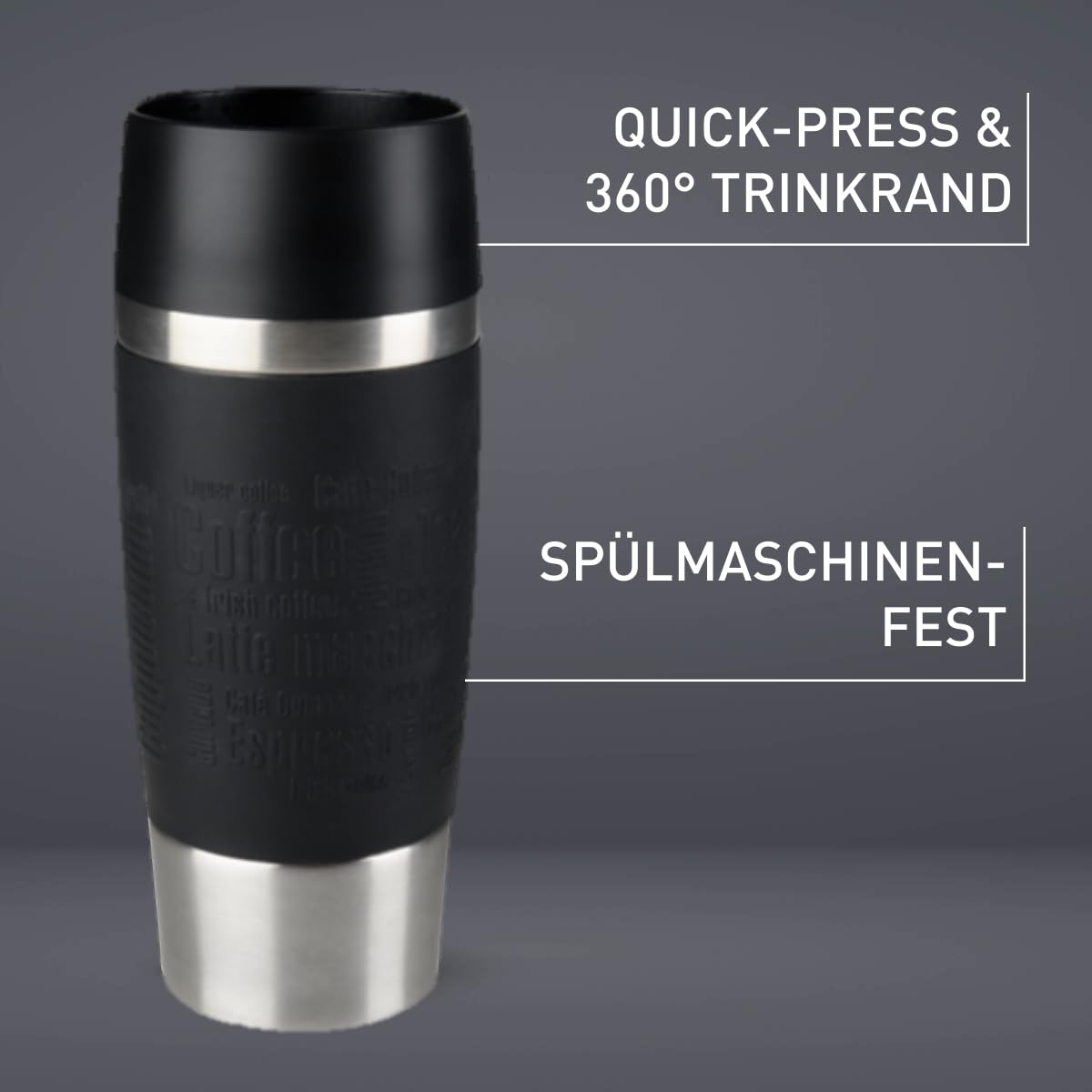 Emsa Travel Mug Classic Thermobecher, 360 ml, Isolierbecher hält 4h heiß, 8h kalt, 100 Prozent dicht, auslaufsicher, Quick-Press-Verschluss, 360 Grad-Trinköffnung, Kaffeebecher to go, Schwarz, 513361 3