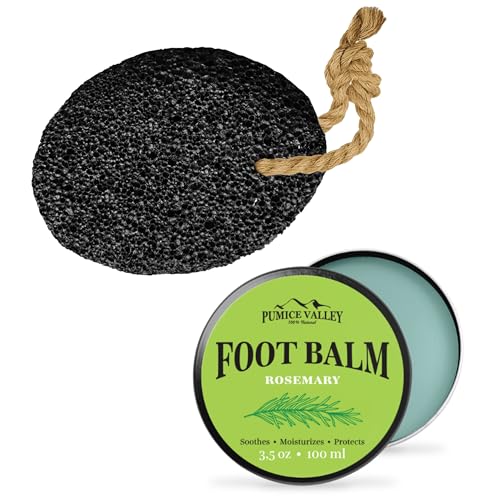 Pumice Valley Foot Balm Cream for Dry Cracked Heels and Feet Rosemary Foot Lotion 3.5 Oz - Pumice Stone - Natural Earth Lava Black - Callus/Corn Remover for Feet Heels and Palm - Pedicure Exfoliation