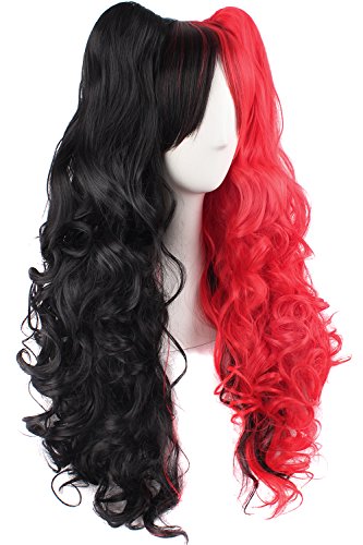 MapofBeauty Multi-color Lolita Long Curly Clip on Ponytails Cosplay Wig (Black/ Red)