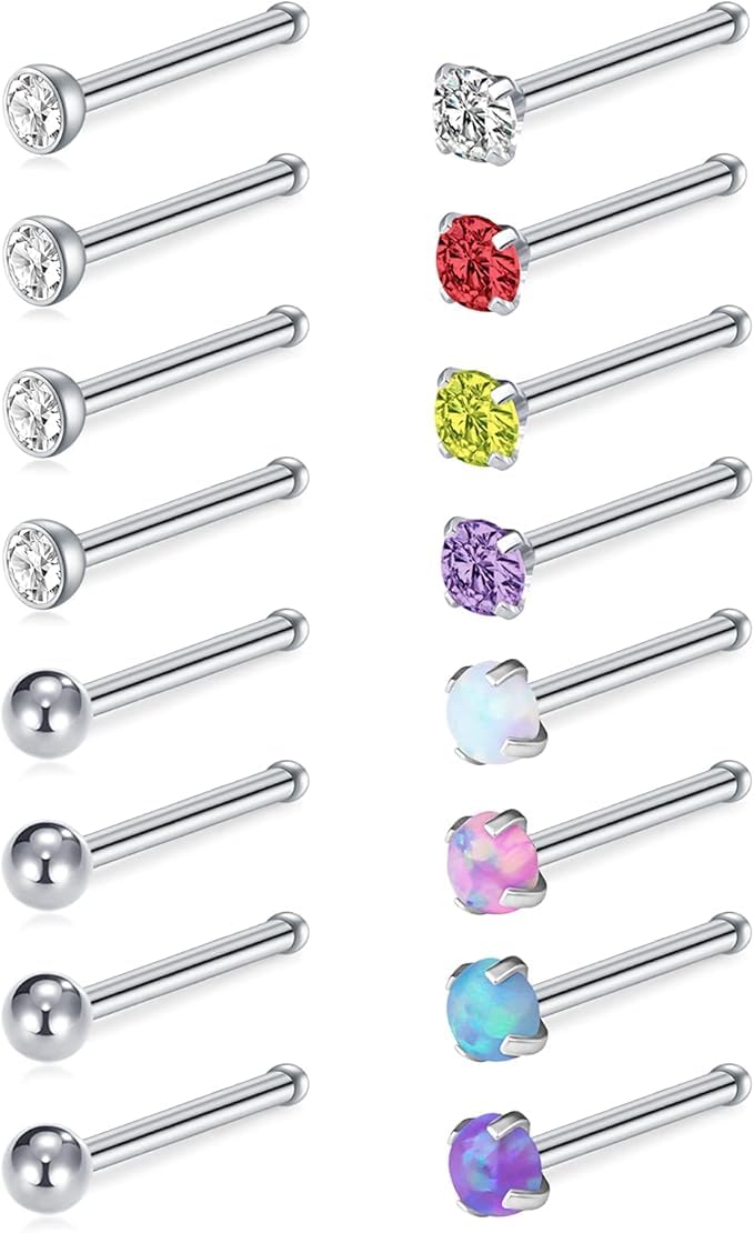 D.Bella 18G Nose Stud Stainless Steel Bone Nose Rings Stud Straight Bar Nose Stud Opal CZ Nostril Jewelry Silver Nose Piercing Jewelry