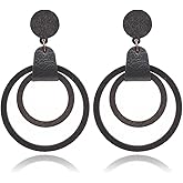 Bohemian Wooden Round Geometric Earrings Retro Hollow Out Circle Drop Dangle Earrings Handmade Lightweight Statement Jewelry for Women